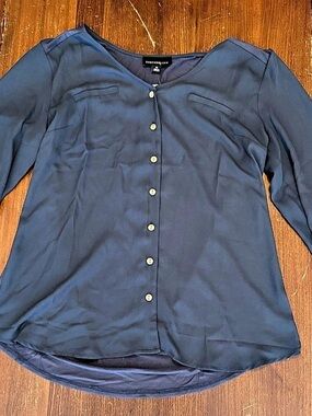 Fortune + Ivy Margo Button Front Mixed Fabric Blouse Blue Mixed Fabric Blouse